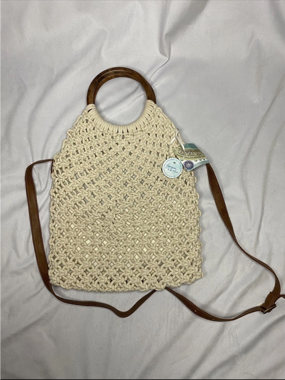 Sigrid Olsen Cream Crochet Tote with Wooden Ring Handles and Brown Strap